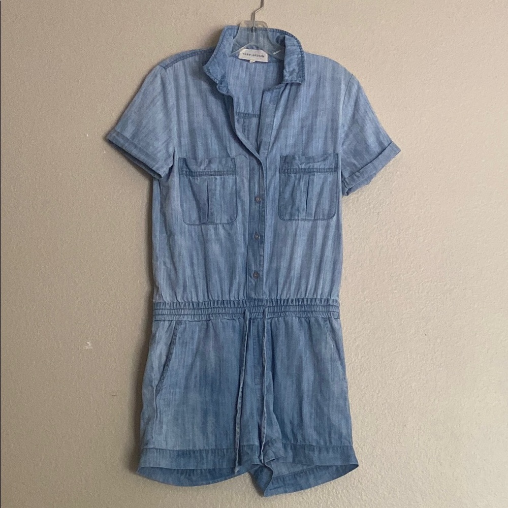 Side Stitch Denim Button Front Chambray Romper, Pockets, Tie Waist, Size Small - Picture 2 of 15